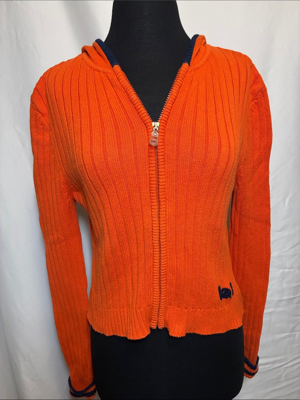 Vintage Orange Ribbed Zip-Up Hooded Sweater by LEI